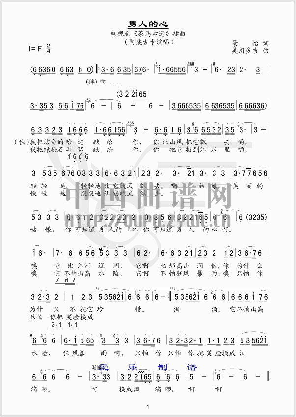 《男人的心》简谱版