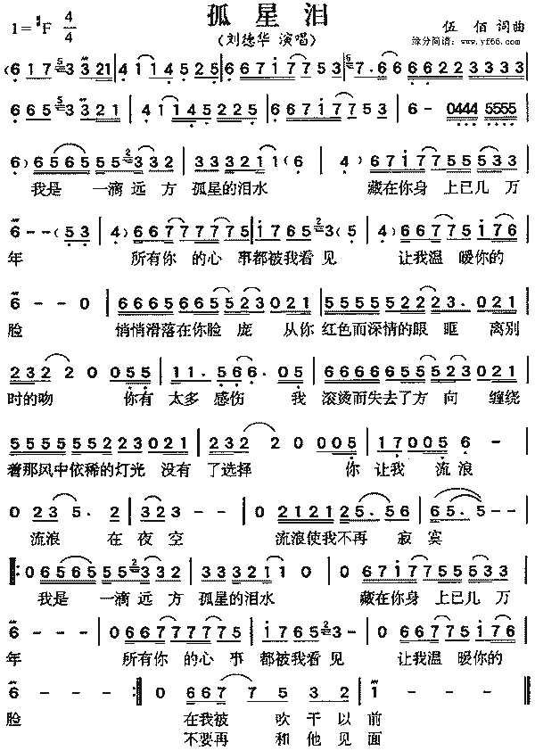刘德华孤星泪简谱,刘德华孤星泪歌谱,刘德华孤星泪歌词,曲谱,琴谱