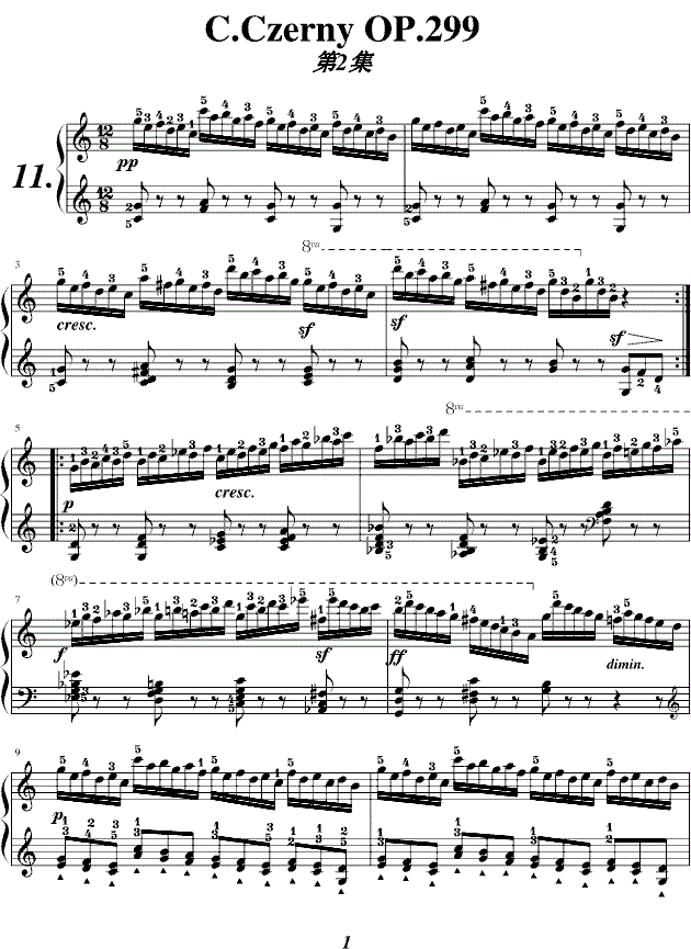 歌词曲谱 钢琴谱    《车尔尼钢琴快速练习曲(作品299)》主要内容