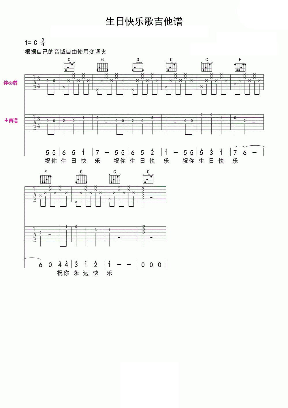 生日快乐歌吉他谱c调双吉他版_生日快乐歌歌词歌谱