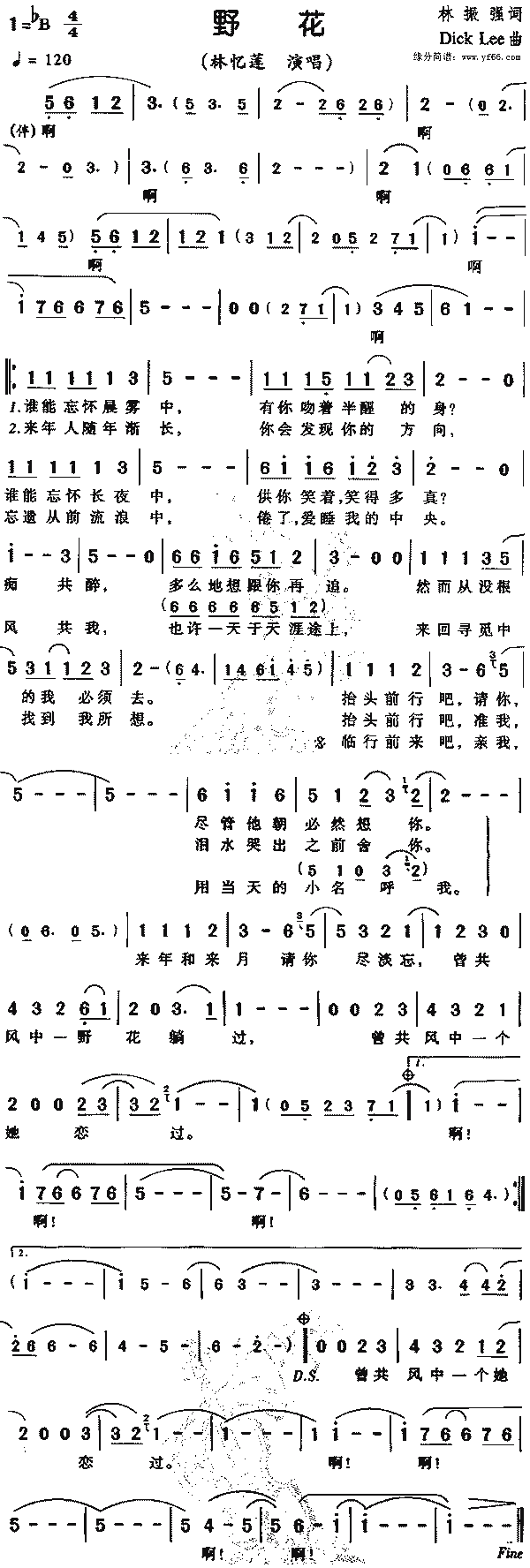 林憶蓮野花簡譜,林憶蓮野花歌譜,林憶蓮野花歌詞,曲譜,琴譜,總譜